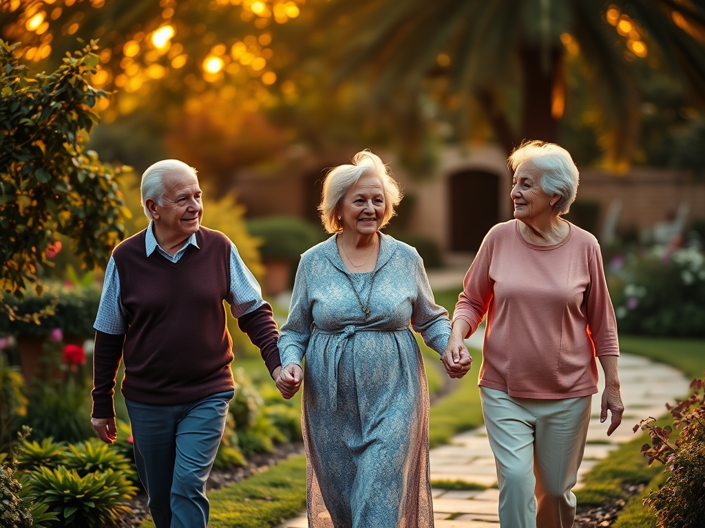 "A serene elderly couple walking hand-in-hand" "golden sunset background" "peaceful garden path" "soft warm lighting" "gentle smiles and relaxed posture"