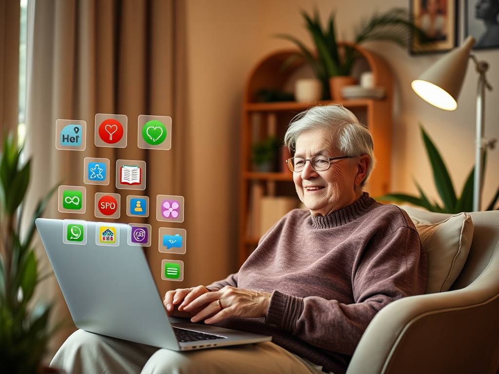 "elderly person smiling, using laptop at cozy home", "colorful digital icons symbolizing health, creativity, learning", "calm warm lighting", "comfortable modern chair and plants"