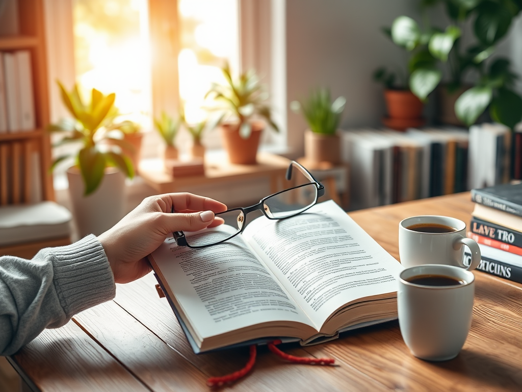 "Open eBook on a wooden table" "Hands holding reading glasses" "Warm sunlight filtering through window" "Calm, cozy room with plants and books" "Soft focus background with coffee cup"