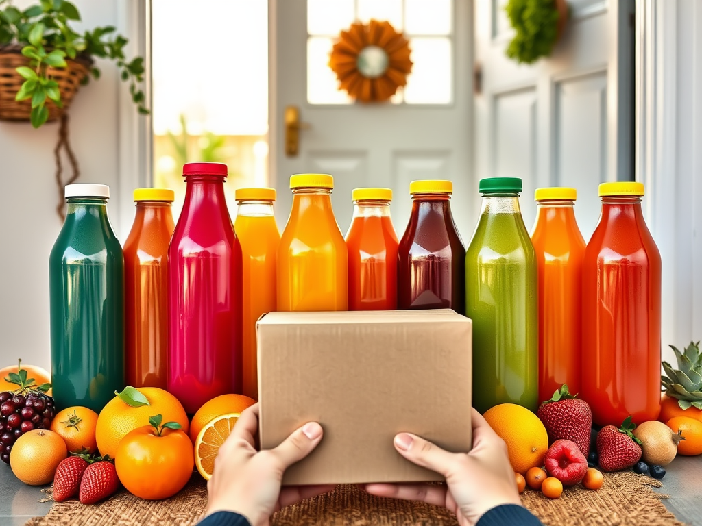 "eight colorful juice bottles arranged neatly" "fresh fruits like oranges, apples, berries around bottles" "a doorstep with a delivery box" "a happy person receiving the box" "bright morning light, cozy home background"
