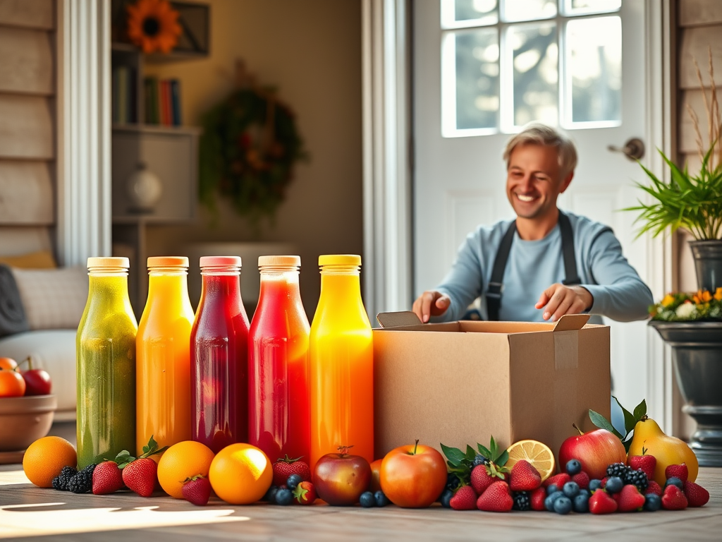 "eight colorful juice bottles arranged neatly" "fresh fruits like oranges, apples, berries around bottles" "a doorstep with a delivery box" "a happy person receiving the box" "bright morning light, cozy home background"