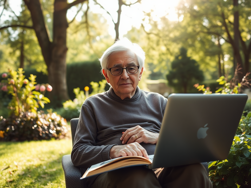 "serene elderly person" "peaceful garden setting" "soft sunlight filtering through trees" "open book and laptop nearby" "calm, inspiring atmosphere"