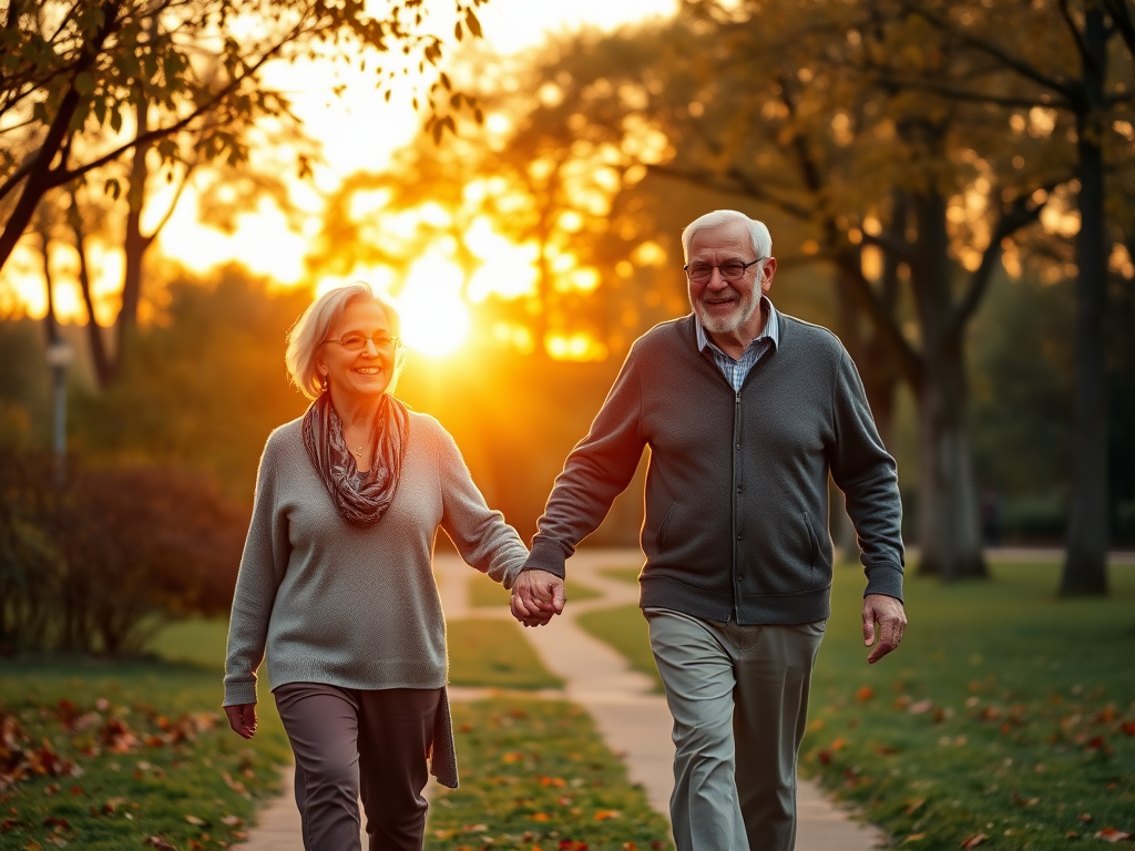 "elderly couple walking hand in hand" "golden sunset background" "peaceful park setting" "smiling faces full of hope and trust" "gentle autumn leaves falling"