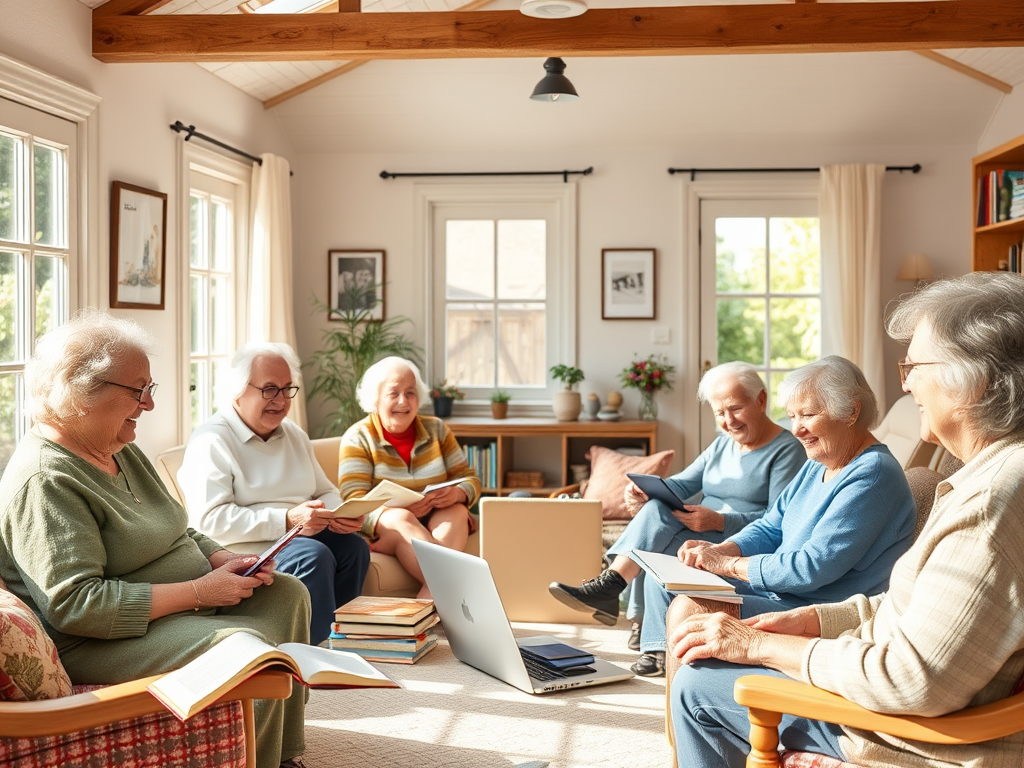 "Elderly people happily engaging in a cozy, sunlit room" "Books, laptops, and notebooks scattered around" "Warm smiles and lively group discussions" "Soft pastel colors creating a welcoming atmosphere"
