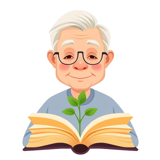 "elderly person" "open book" "growing plant" "calm face" "soft colors"