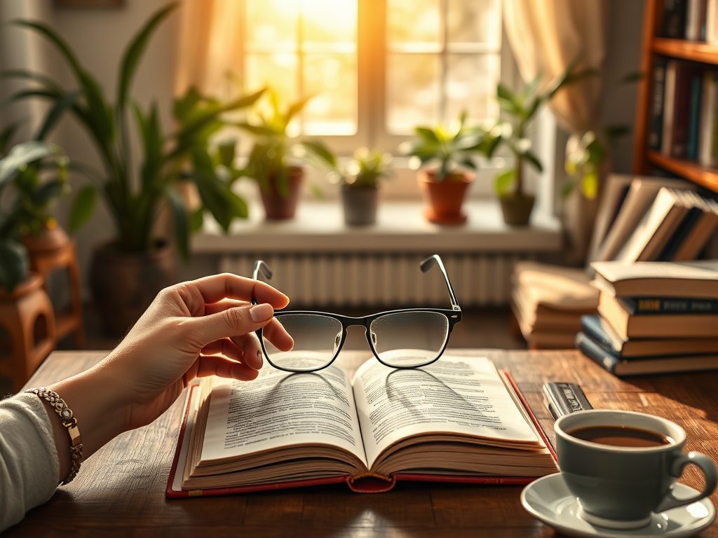 "Open eBook on a wooden table" "Hands holding reading glasses" "Warm sunlight filtering through window" "Calm, cozy room with plants and books" "Soft focus background with coffee cup"