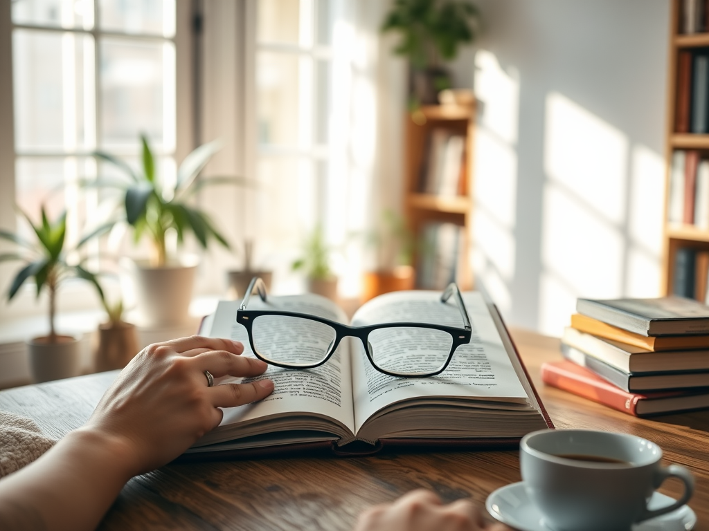 "Open eBook on a wooden table" "Hands holding reading glasses" "Warm sunlight filtering through window" "Calm, cozy room with plants and books" "Soft focus background with coffee cup"