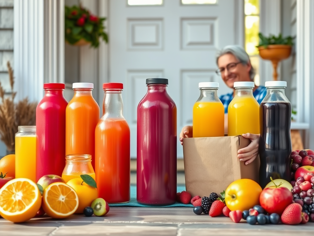 "eight colorful juice bottles arranged neatly" "fresh fruits like oranges, apples, berries around bottles" "a doorstep with a delivery box" "a happy person receiving the box" "bright morning light, cozy home background"