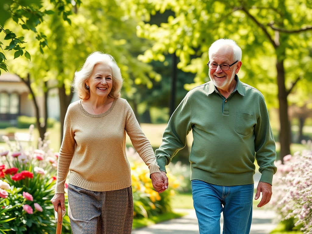 A joyful elderly couple walking hand-in-hand in a sunny park, surrounded by blooming flowers and vibrant green trees, radiating happiness and vitality.