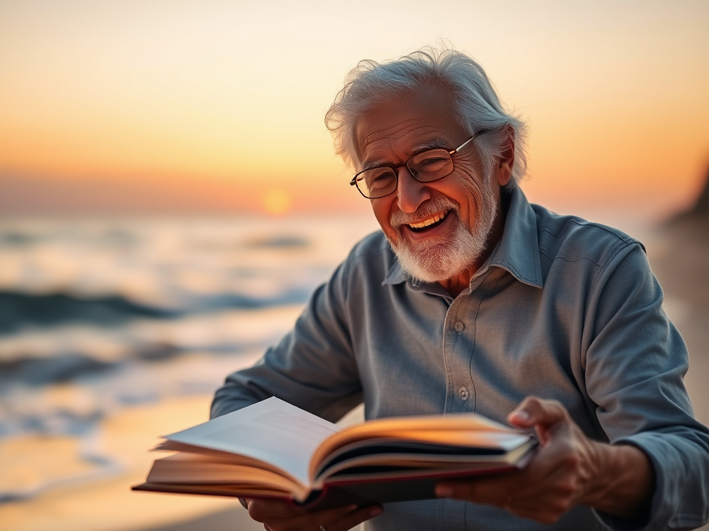 A serene elderly couple smiling warmly, "sunset beach background", "open book glowing softly", "peaceful, hopeful atmosphere", "gentle waves and golden light".