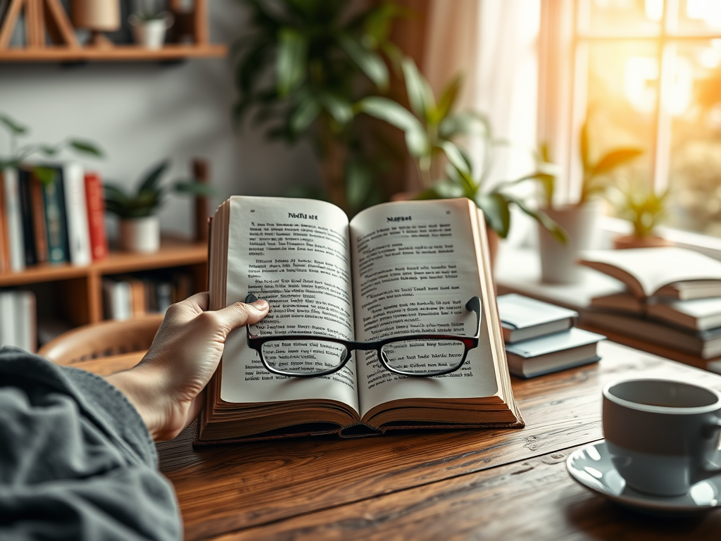 "Open eBook on a wooden table" "Hands holding reading glasses" "Warm sunlight filtering through window" "Calm, cozy room with plants and books" "Soft focus background with coffee cup"