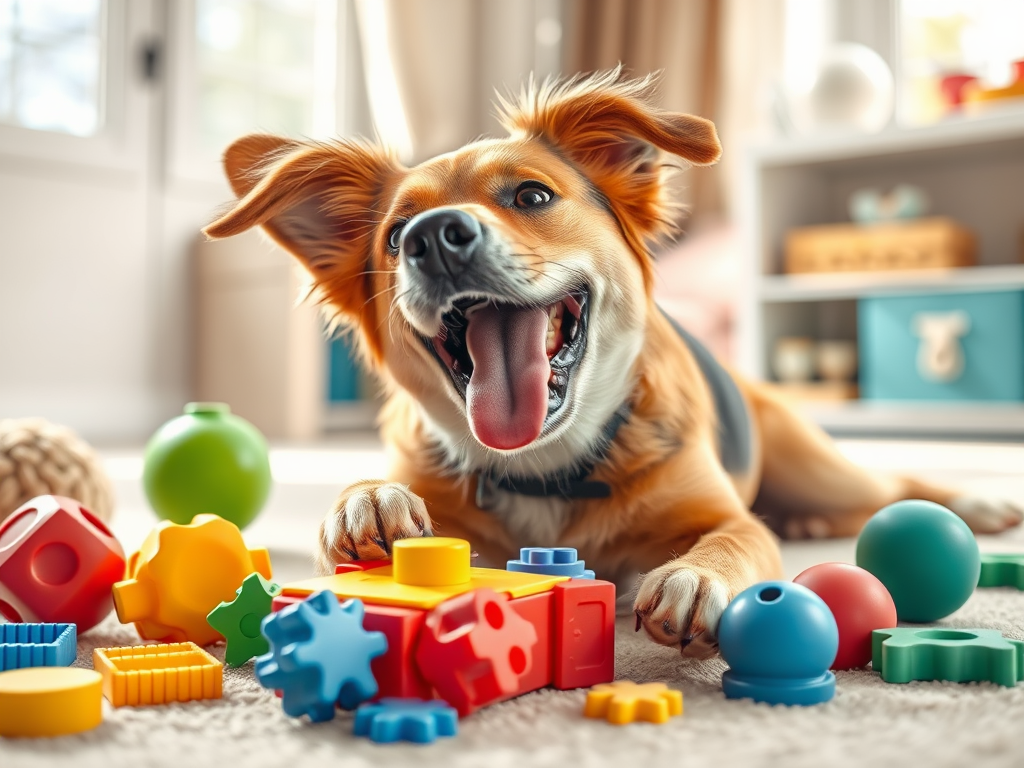 A joyful dog solving a colorful puzzle toy, surrounded by playful objects, in a bright, cozy room with natural sunlight.