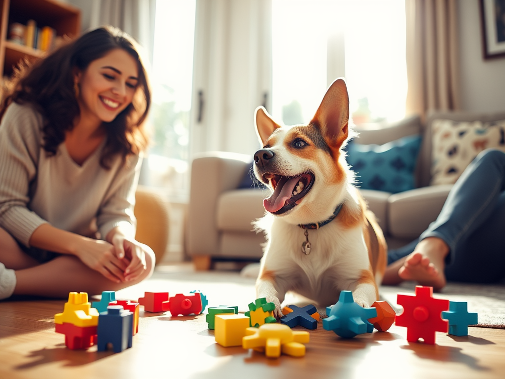 "happy dog playing with colorful puzzle toys" "bright, cozy living room setting" "owner smiling, interacting gently" "sunlight streaming through window" "calm, joyful atmosphere"