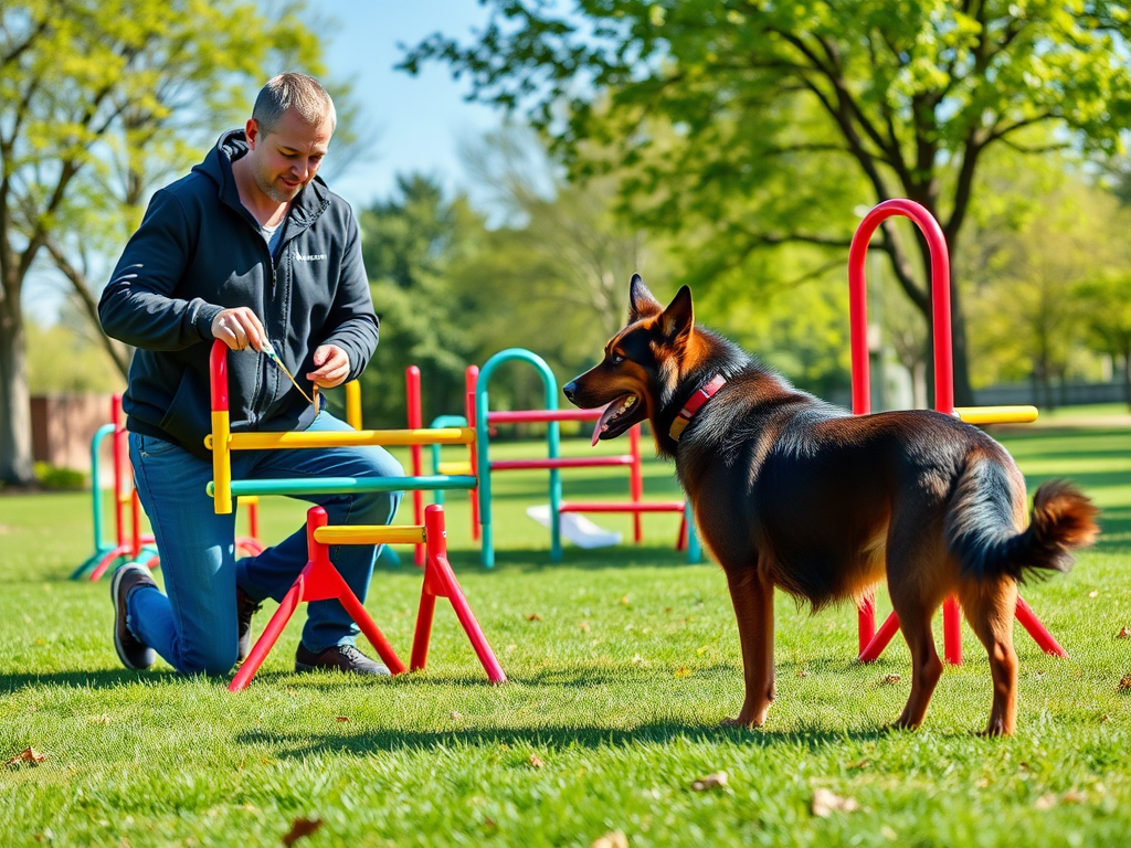 A focused dog and owner training in a sunny park, surrounded by colorful agility equipment, vibrant green grass, and clear blue sky.