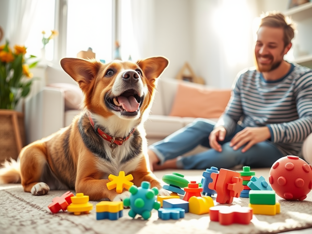 "happy dog playing with colorful puzzle toys" "bright, cozy living room setting" "owner smiling, interacting gently" "sunlight streaming through window" "calm, joyful atmosphere"