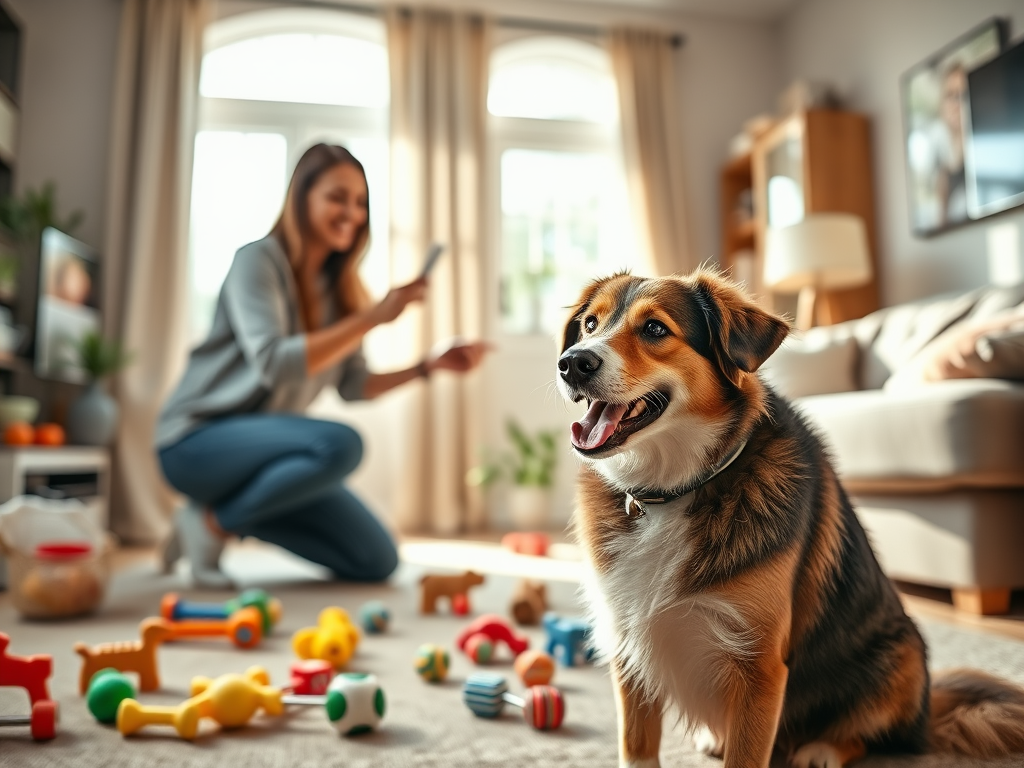 "happy dog focused" "owner training in cozy living room" "bright natural light" "colorful toys scattered" "calm, joyful atmosphere"