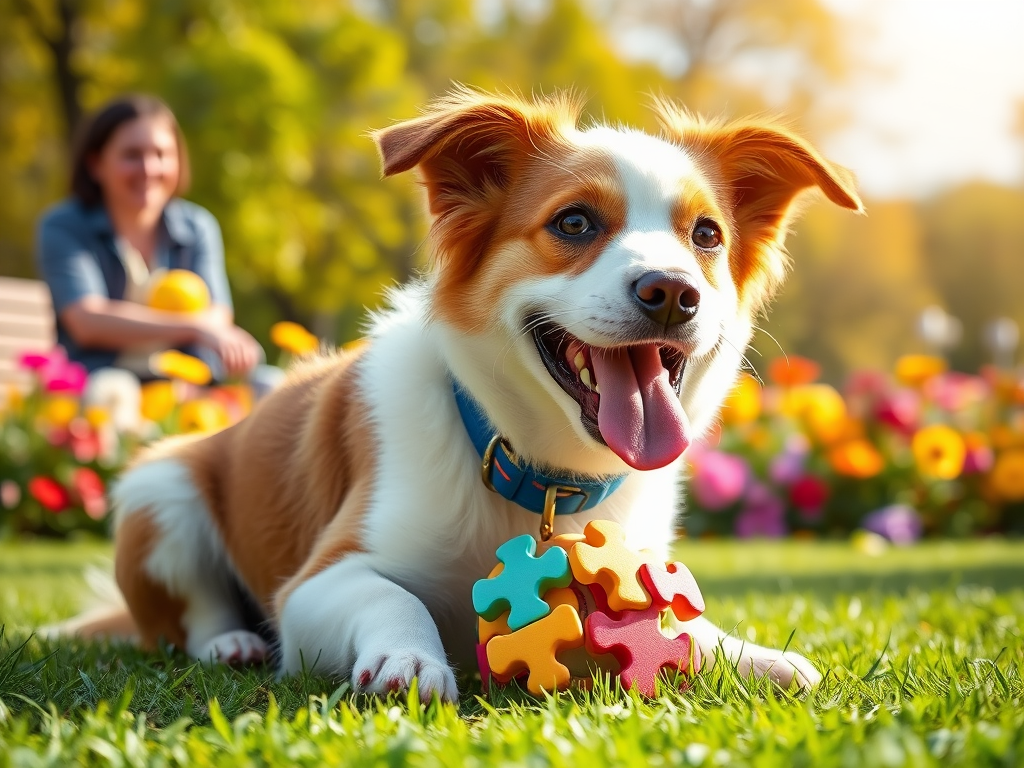 "happy dog" "playing with puzzle toy" "bright sunny park" "colorful flowers" "owner smiling nearby" "gentle breeze" "green grass field"