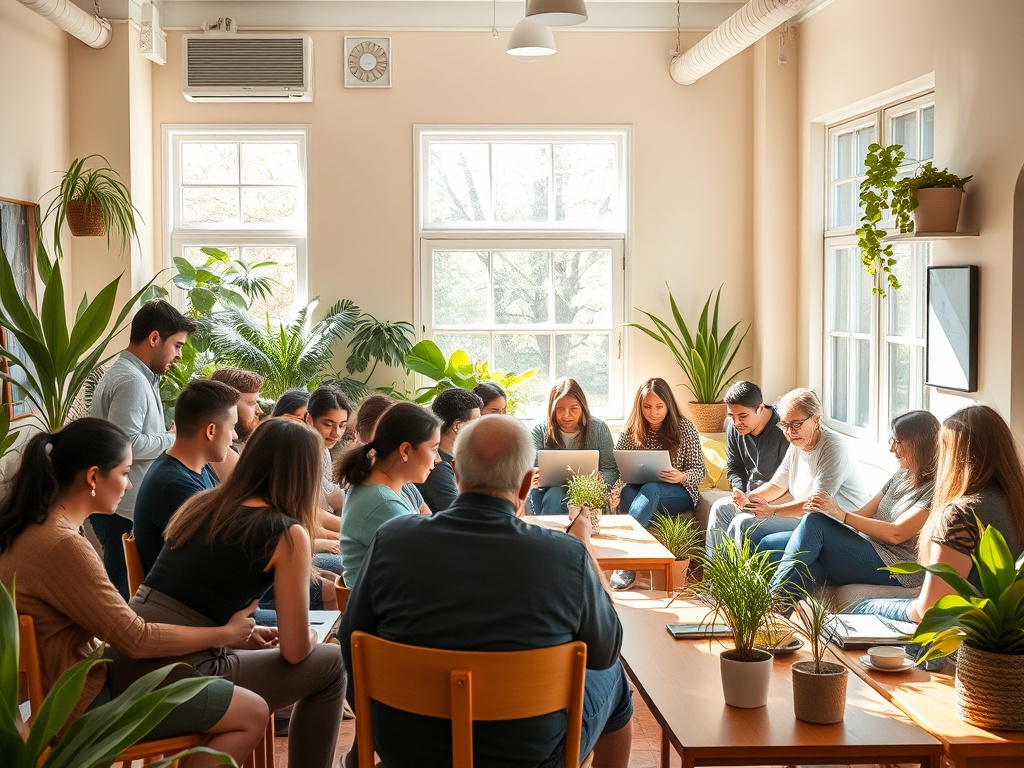 "A diverse group of people in a cozy, sunlit community center" "engaged in a hands-on AI workshop" "with laptops and friendly instructors" "warm, inviting atmosphere" "green plants and wooden furniture"