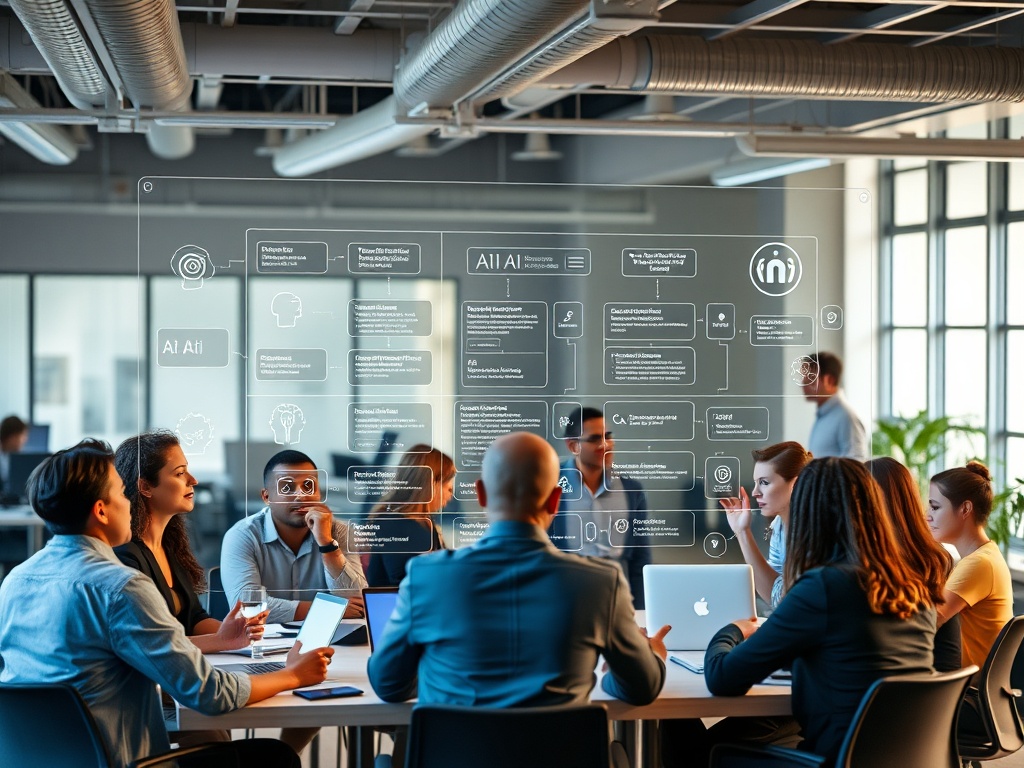 "A collaborative office scene where diverse professionals brainstorm around a transparent digital workflow board, AI icons subtly guiding efficient, structured teamwork."