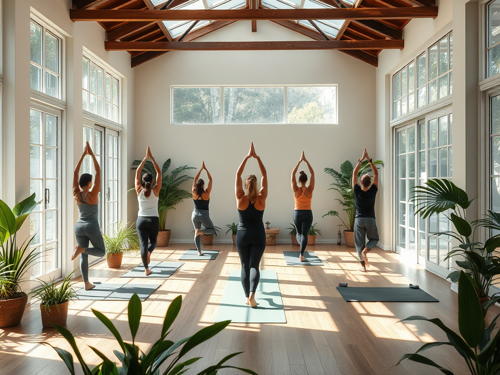 Rustige yogastudio met natuurlijke verlichting en planten.