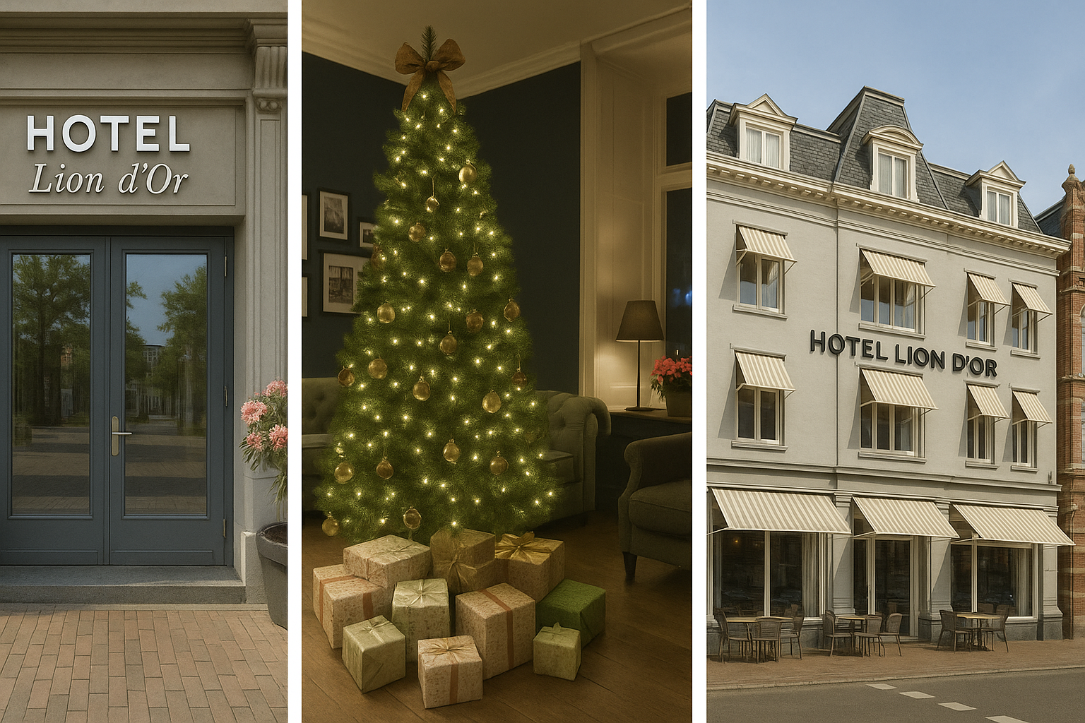 Collage van Hotel Lion d’Or in Haarlem – entree, sfeervolle lobby met kerstboom en het pand aan de buitenkant, locatie van de persoonlijke kleurenanalyse van The Colour Club.