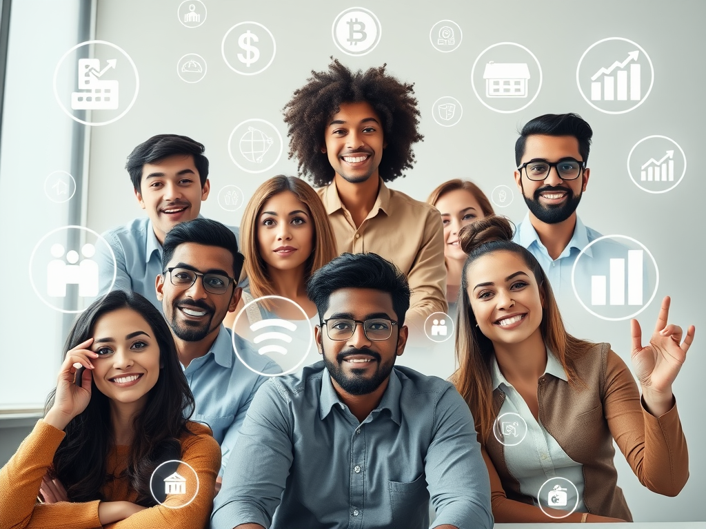 Een diverse groep ondernemers in een virtuele meeting met digitale iconen.