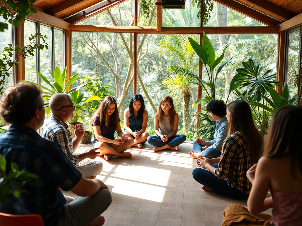 Een serene workshopsetting met diverse mensen in reflectie.