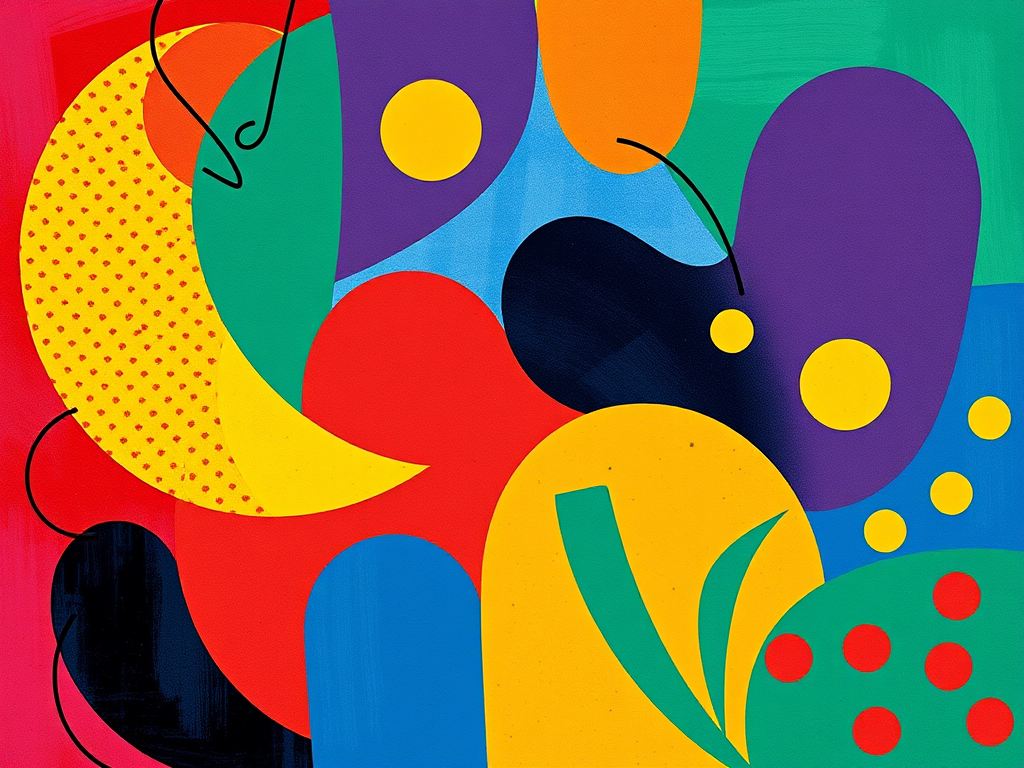Abstracte vormen met levendige kleuren en speelse patronen.
