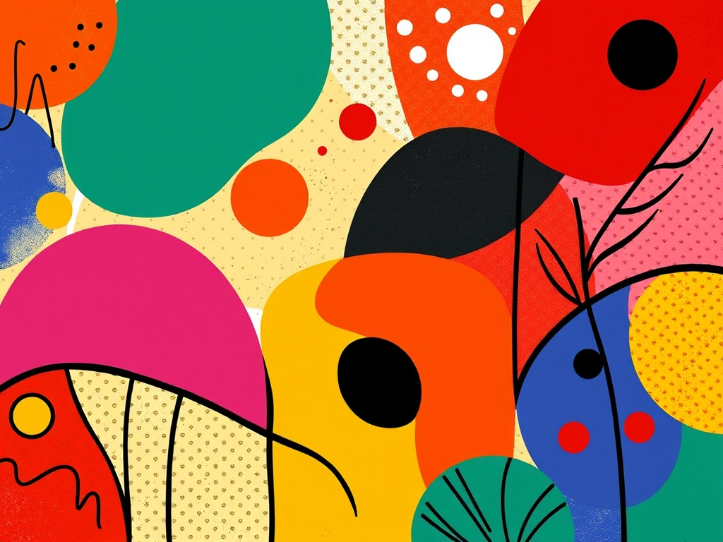 Kleurrijke abstracte vormen met speelse patronen.