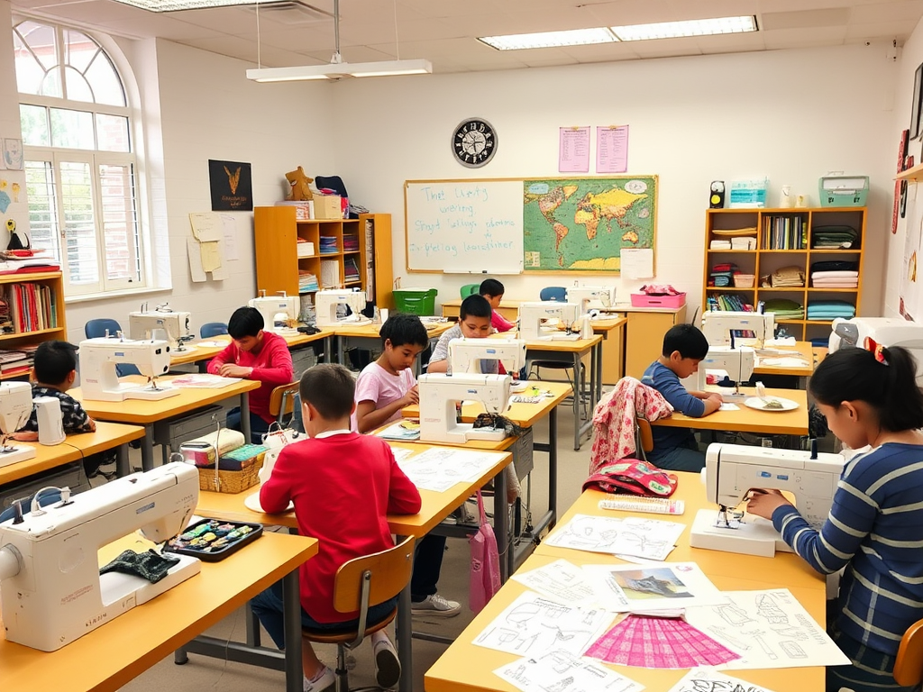 Een gezellige klaslokaal vol naaimachines en studenten.