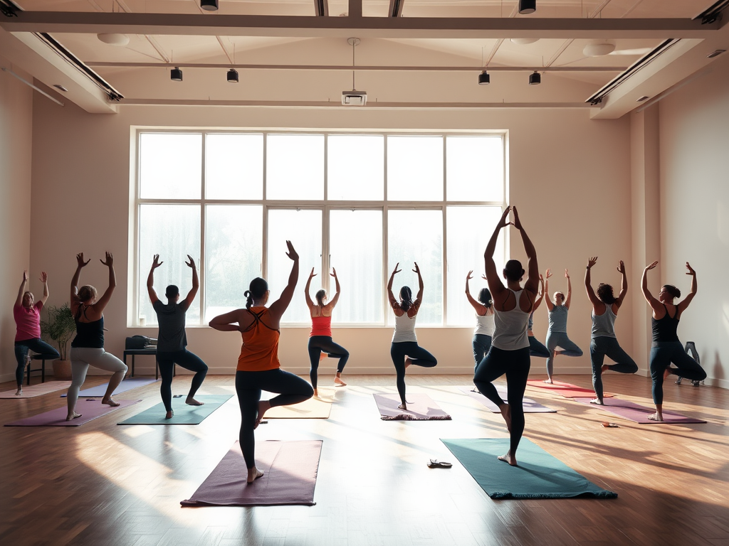Een serene yogastudio met diverse personen in poses.