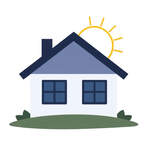 Silhouet van een huis met zonnestralen.