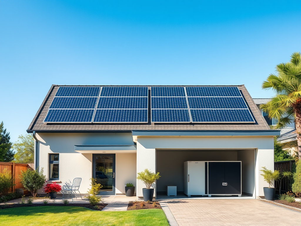 Modern huis met zonnepanelen en batterijopslag in de garage.