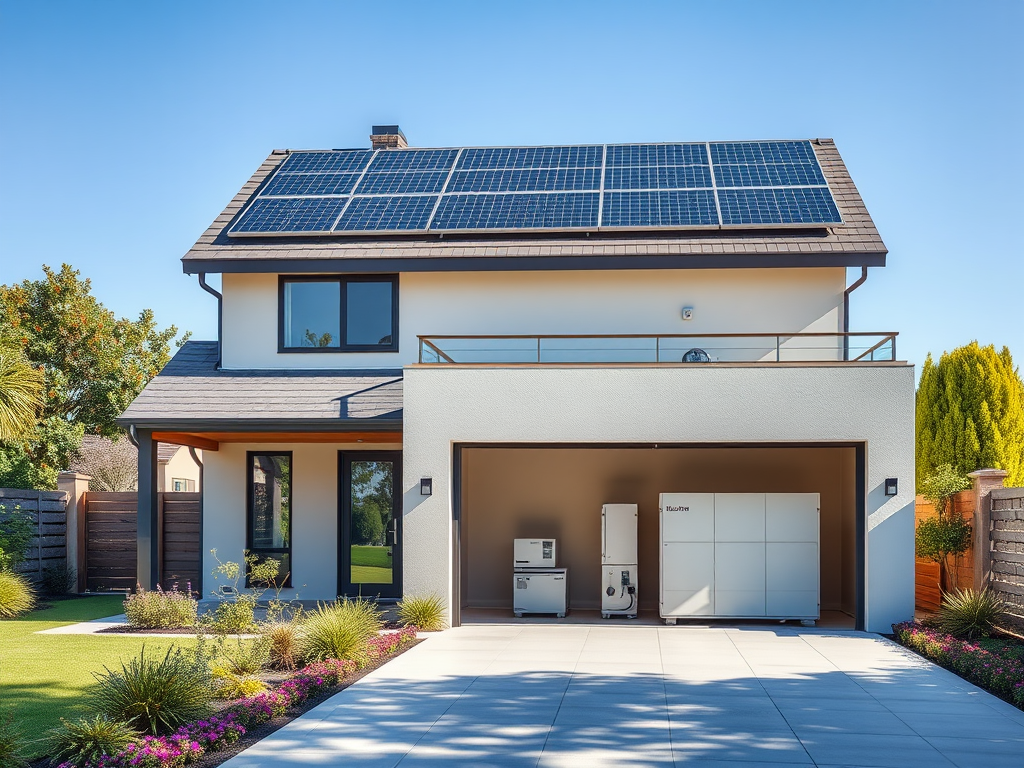 Moderne woning met zonnepanelen en batterijopslag.