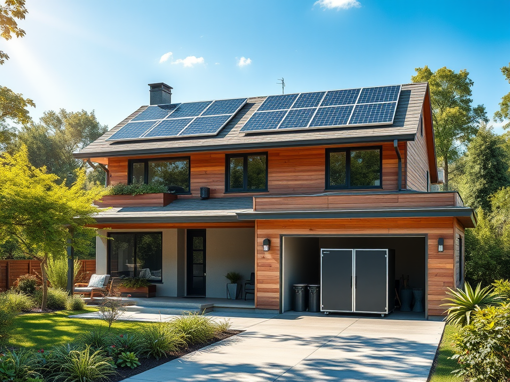 Een modern huis met zonnepanelen en groene omgeving.