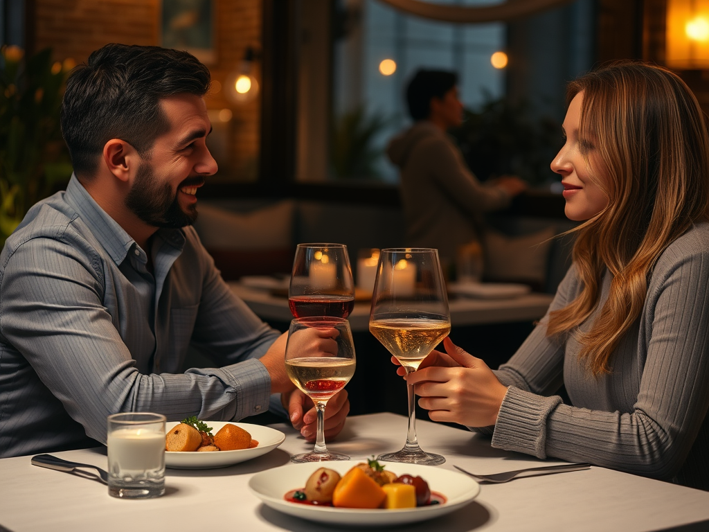 Een gezellig diner met een stel dat geniet van gourmetgerechten.