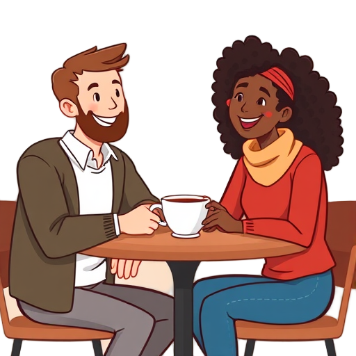 Twee mensen in een café, lachend en pratend.