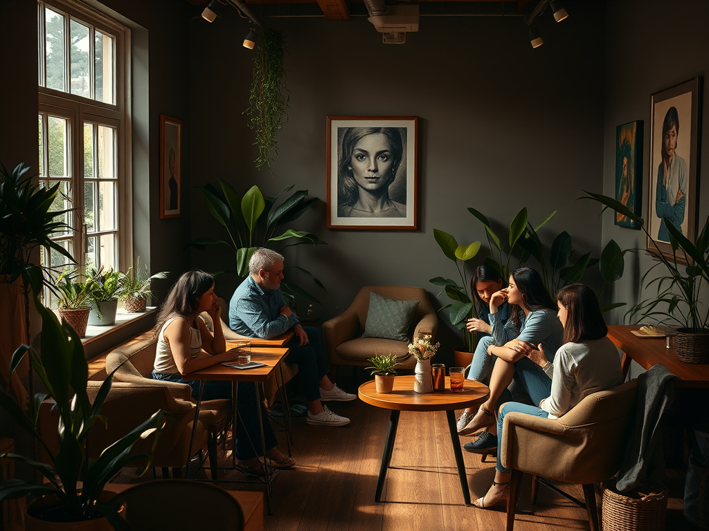 Gezellige kamer met mensen in gesprek en planten.