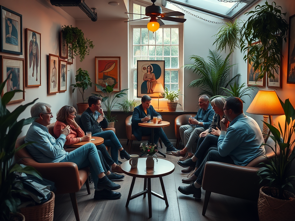 Een gezellige kamer met mensen in kleine groepen, pratend.