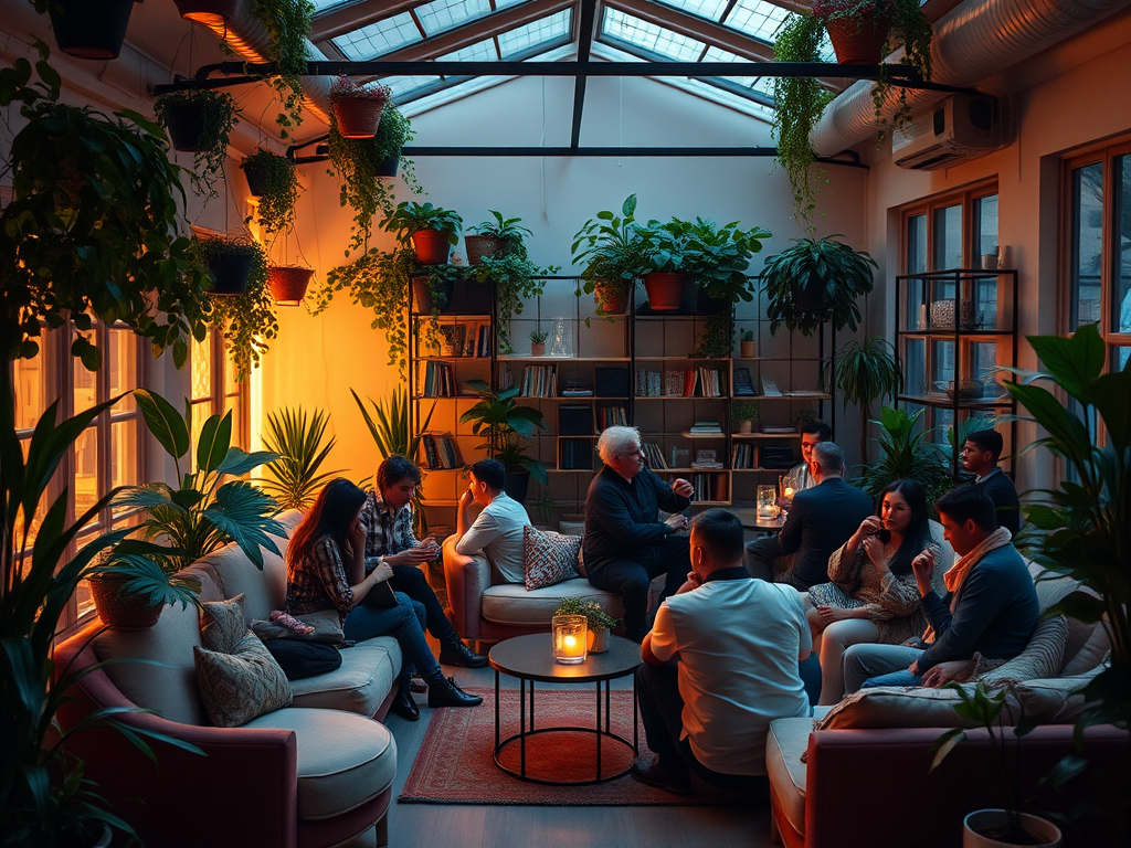 Een gezellige, sfeervol verlichte ruimte met groepen mensen in gesprek.