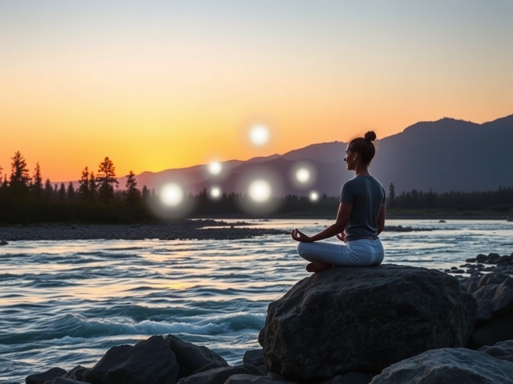 "a calm person meditating on a rock" "gentle sunrise with soft warm colors" "flowing river symbolizing balance" "seven glowing light orbs around the person" "peaceful natural landscape with trees and mountains"