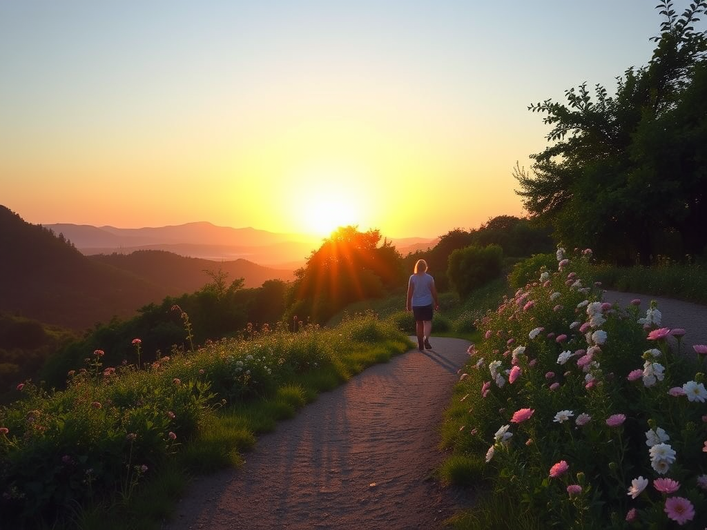 Een vrouw wandelt op een pad bij zonsopgang.