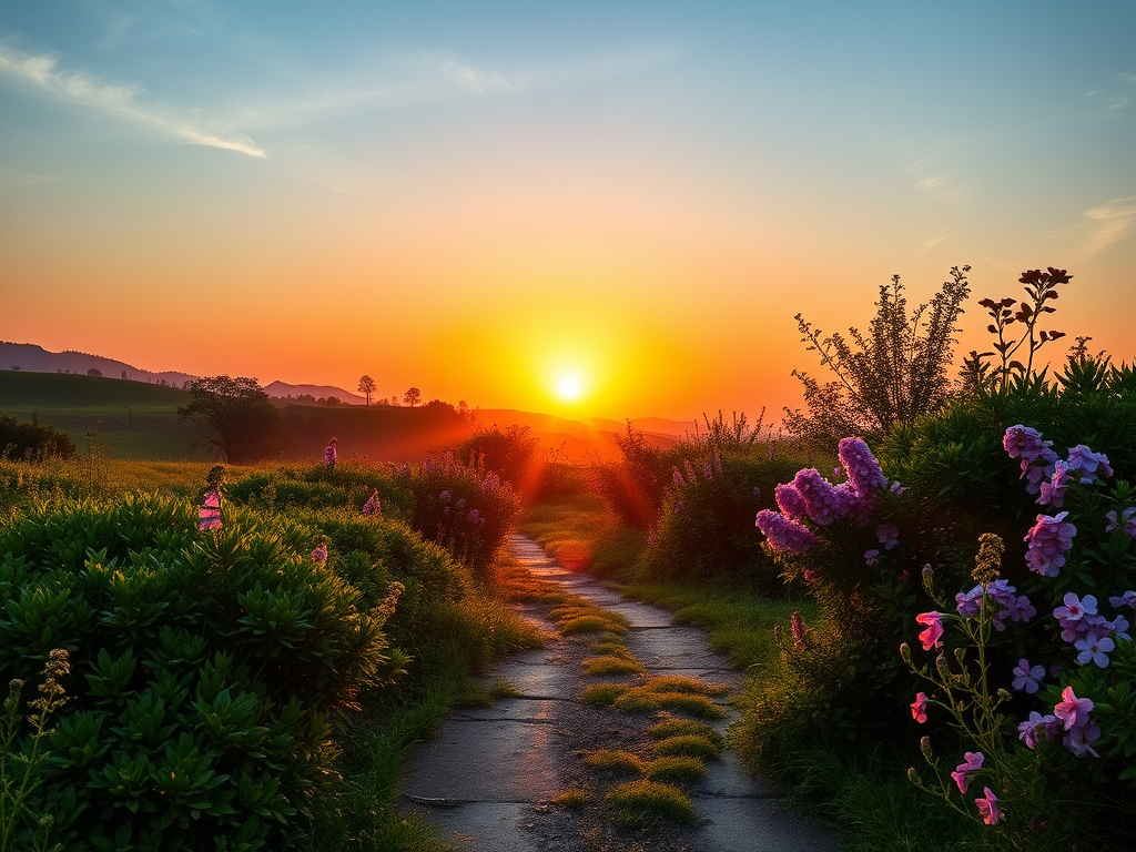 Een serene zonsopgang boven een kronkelig pad omringd door bloemen.