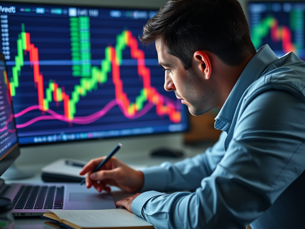 Een trader analyseert geconcentreerd een digitaal grafiek.