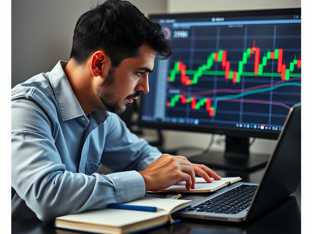 Een trader analyseert een digitaal grafiek met candles.