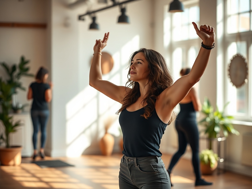 "A holistic, serene scene of a busy, empowering woman in a soft-lit studio, balancing strength and calm; 20-40 minute workouts, simple meals, mindful breathing, supportive community, no rigid rules."