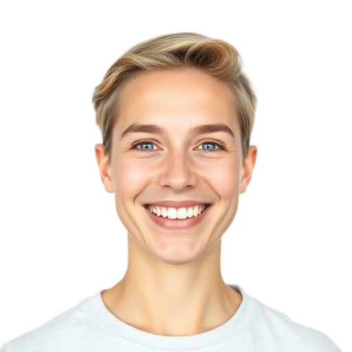 A person smiling to the camera with a white background looking like