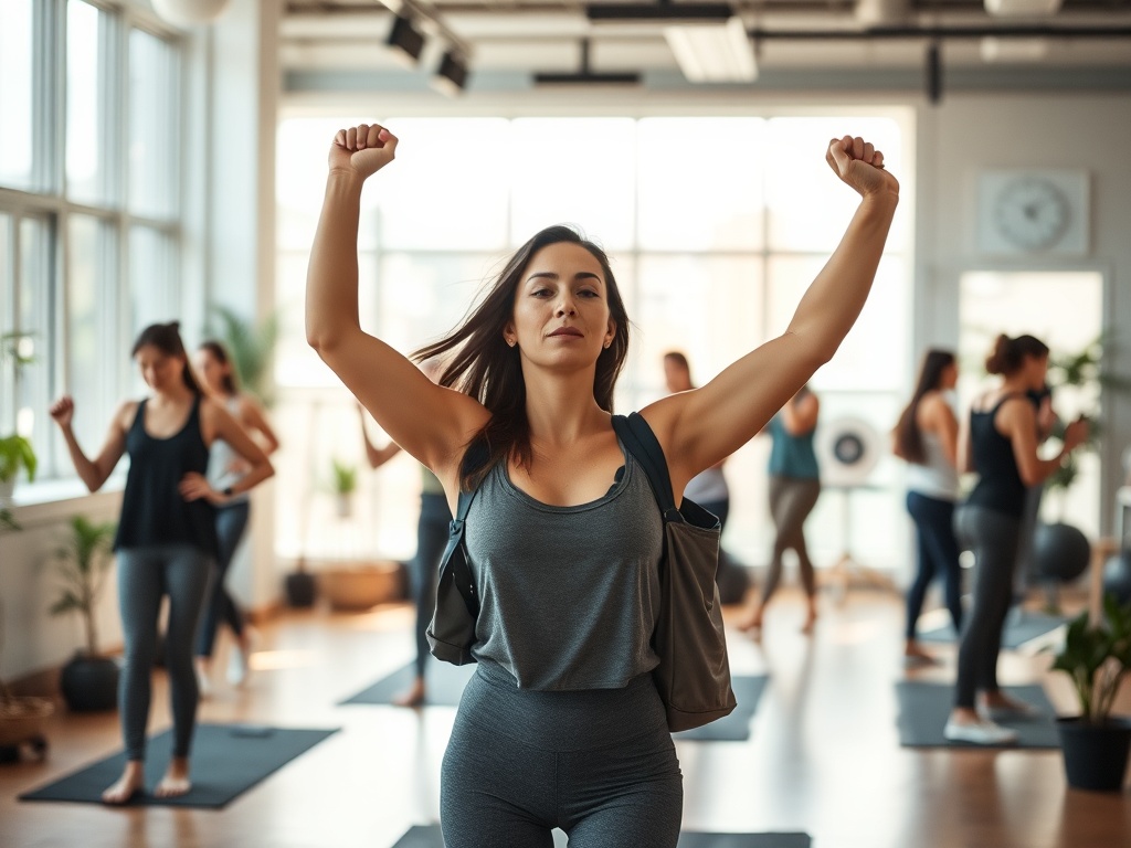 "A holistic, serene scene of a busy, empowering woman in a soft-lit studio, balancing strength and calm; 20-40 minute workouts, simple meals, mindful breathing, supportive community, no rigid rules."