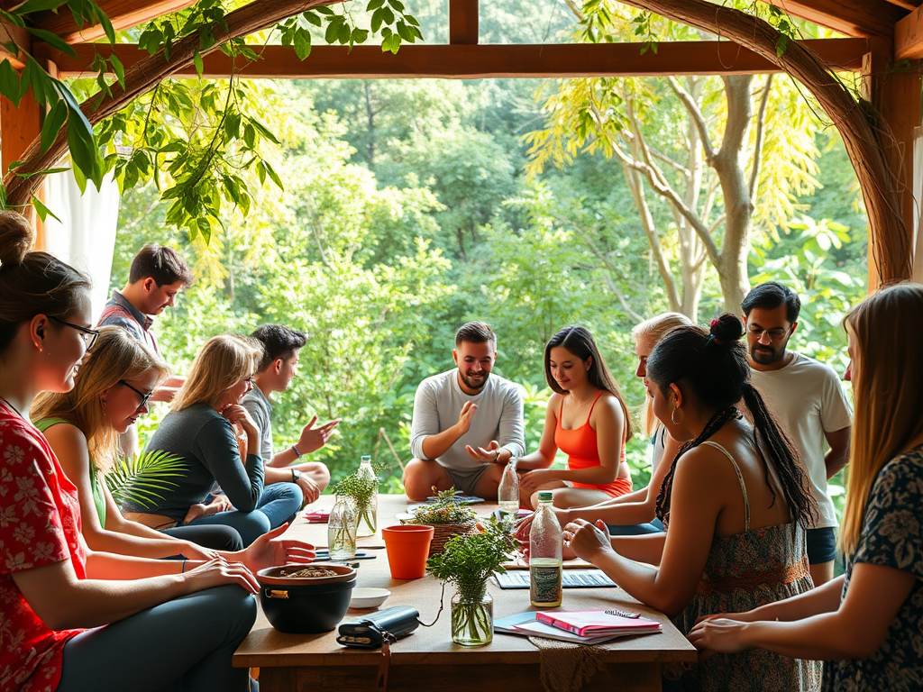 Een levendige workshop met diverse mensen in de natuur.