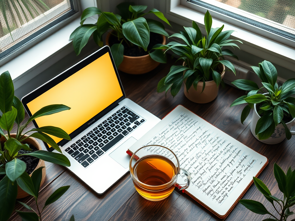 Een rustige werkplek met een laptop en planten.